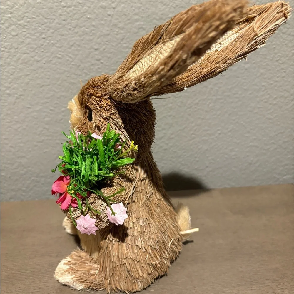 Whimsical Brown Bunny Toy with Pink Flowers and Tall Ears